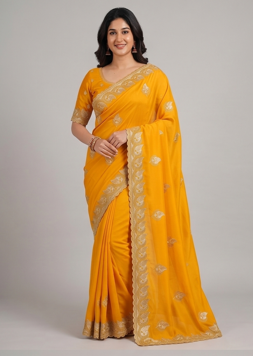 Zegoom Yellow Satin Silk Saree with Gold Paisley Embroidery