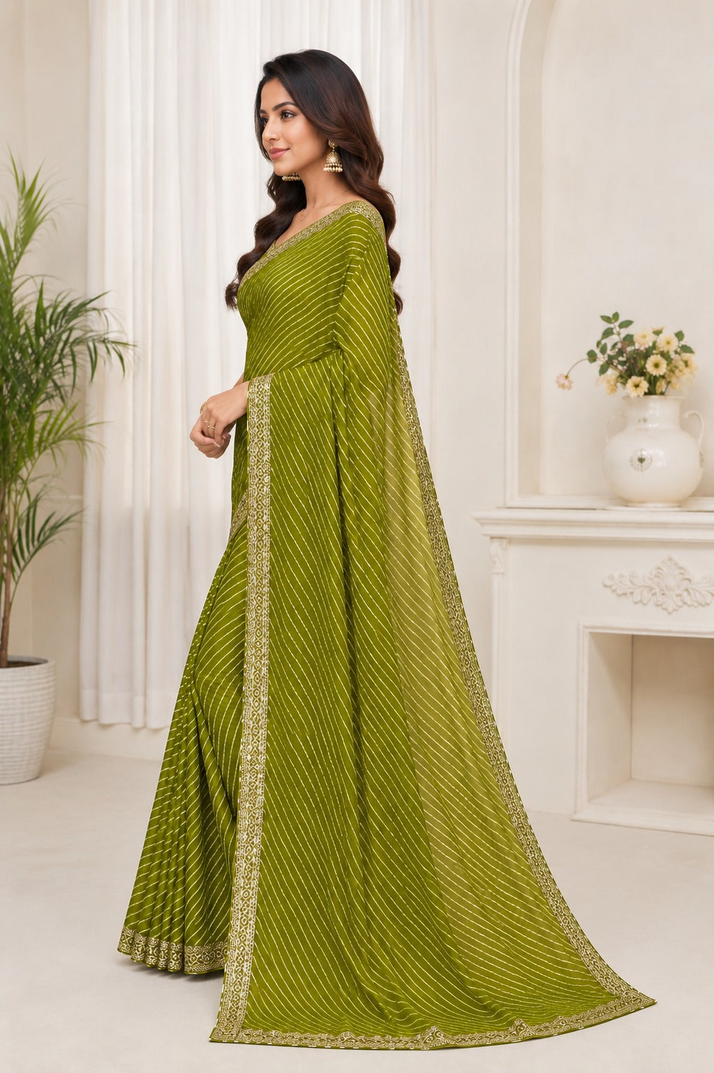 Olive Green Printed Saree with Designer Border
