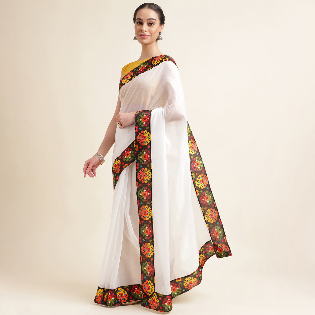 White Chanderi Saree with Lace Border