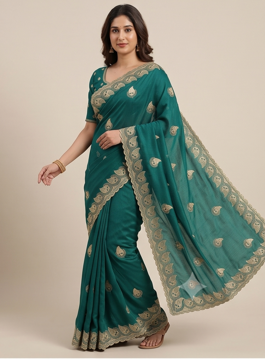 Zegoom Teal Satin Silk Saree with Gold Paisley Embroidery