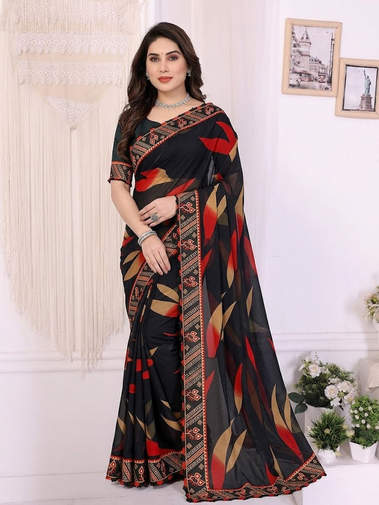 Black Floral Printed Saree with Ethnic Border Design