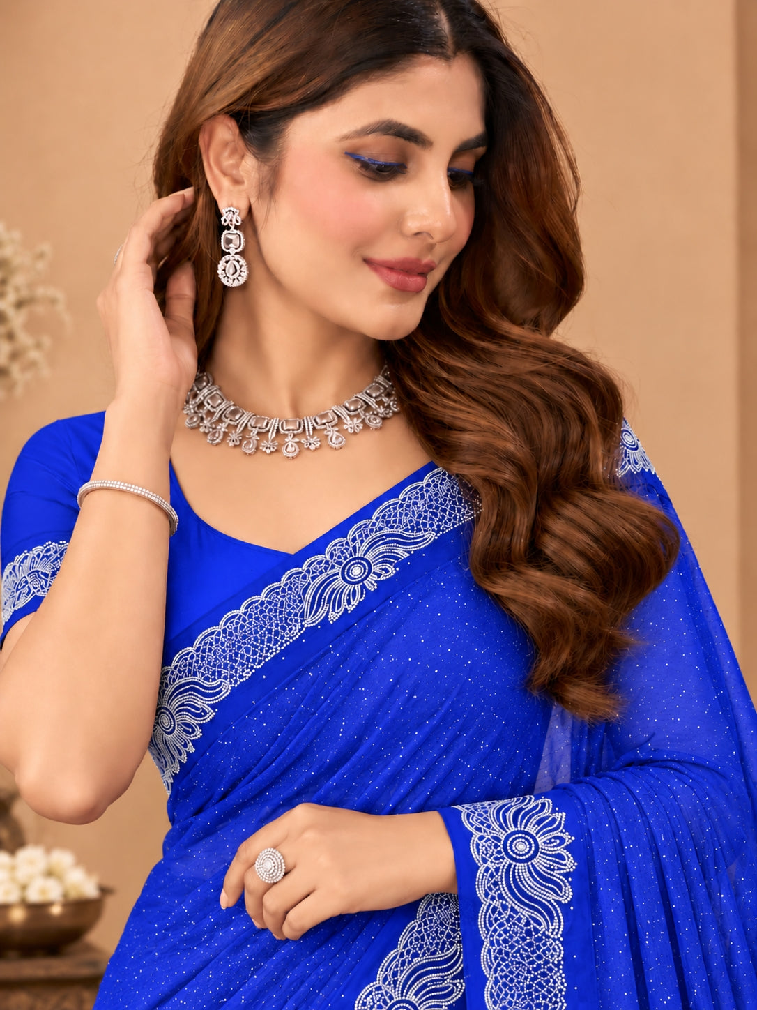 Women's Royal blue Stone Work Saree with Floral Lace Border
