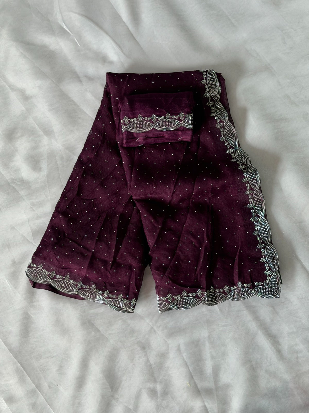 Wine Purple Hotfix Stone Work Saree with Designer Stone Border
