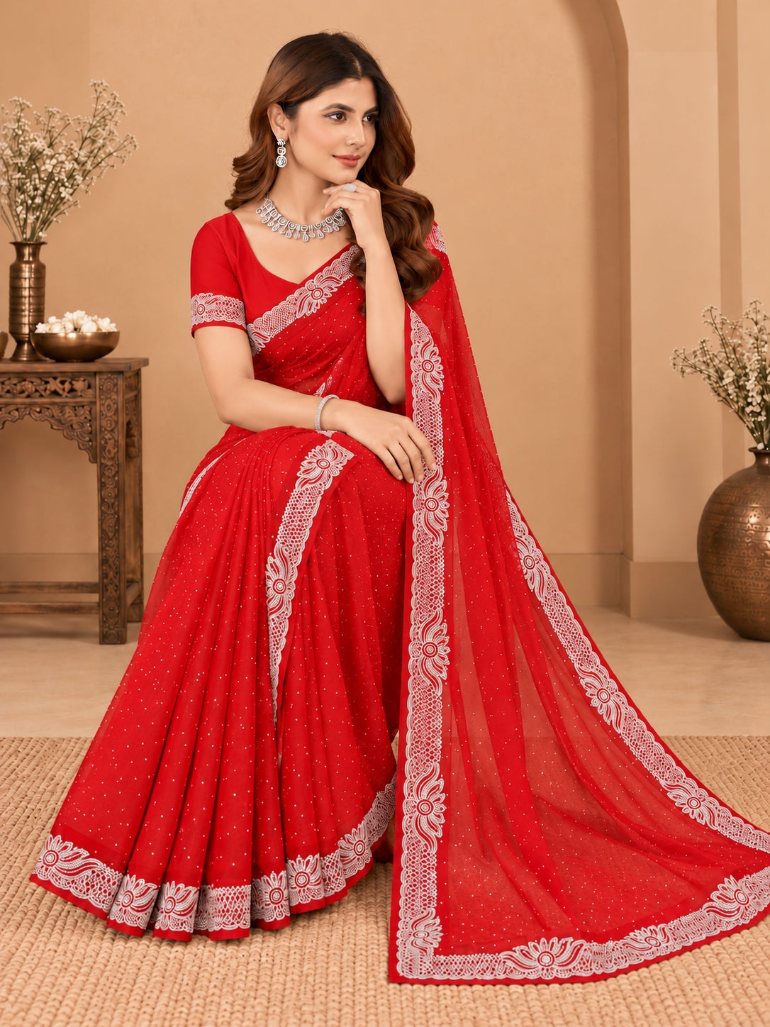 Women's Red Stone Work Saree with Floral Lace Border