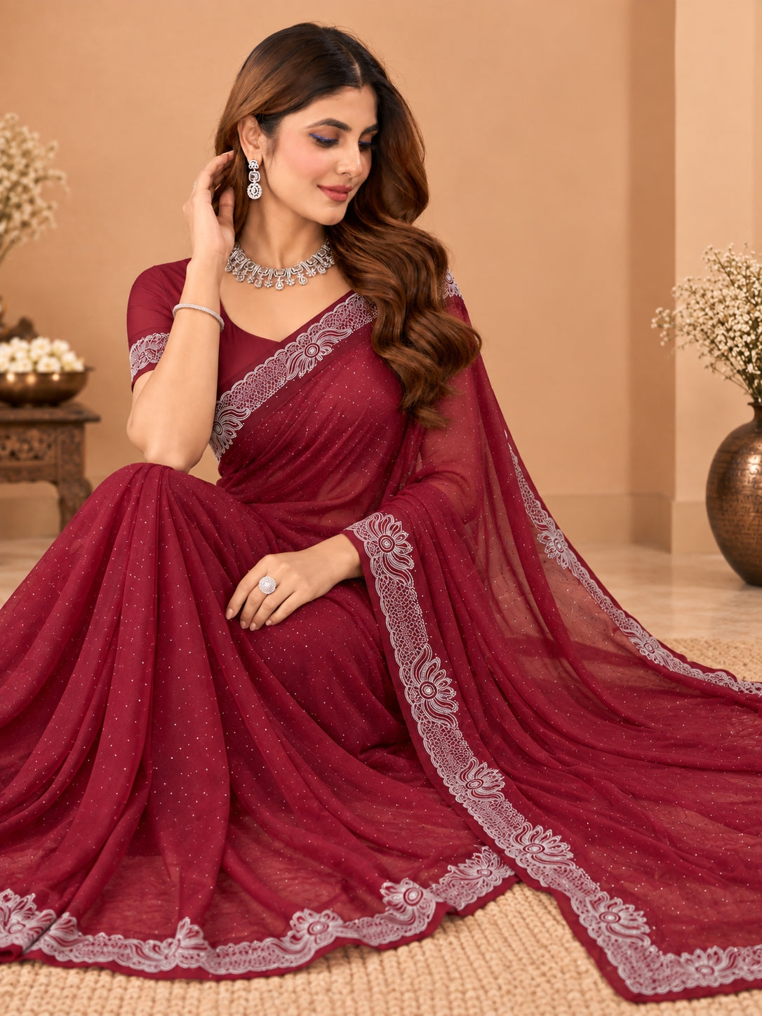 Women's Maroon Hotfix Stone Work Saree with Floral Lace Border