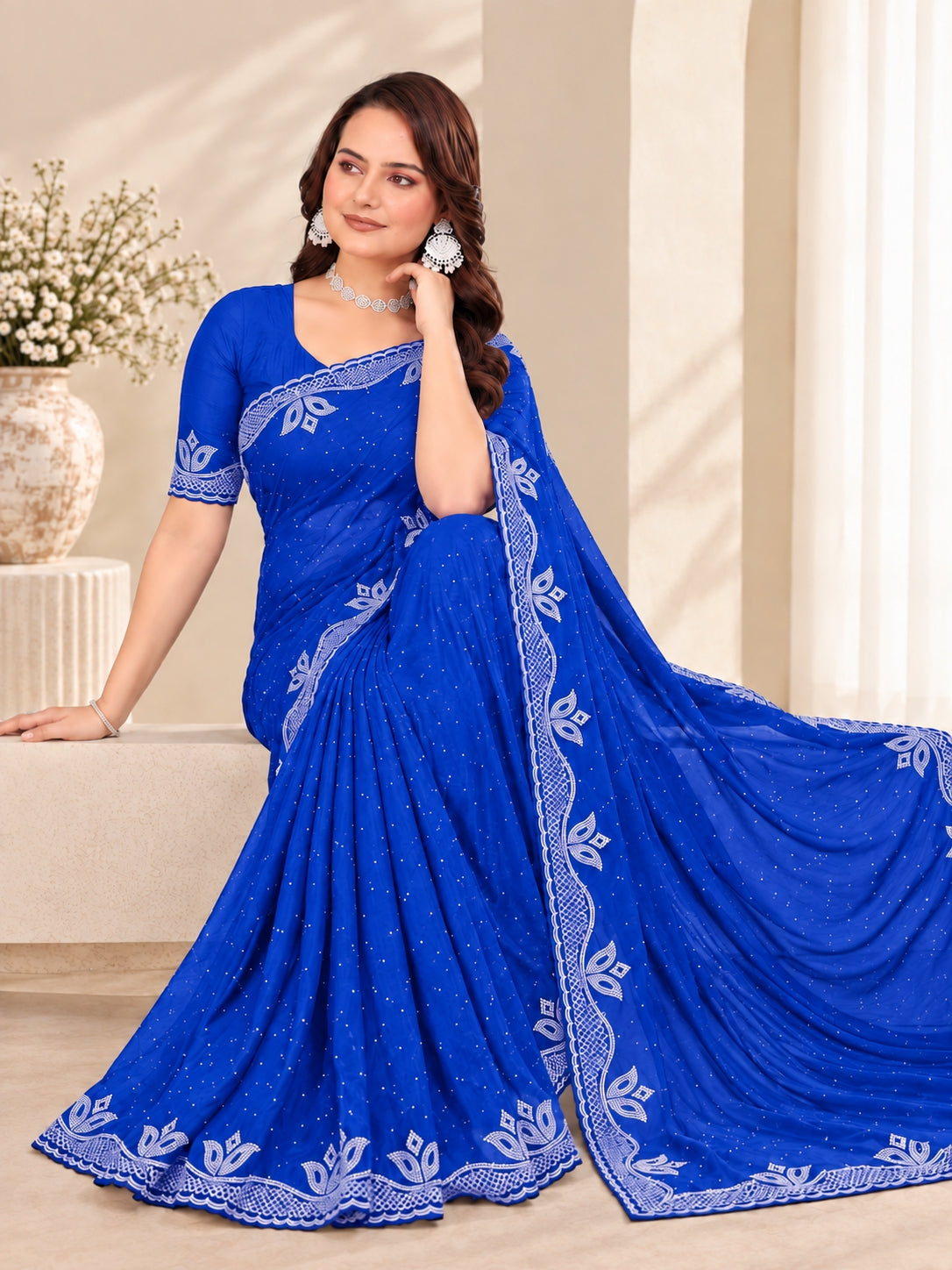 Royal Blue Stone Work Georgette Saree with Embroidered Lace Border