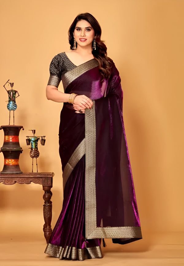 Wine Shimmer Lycra Saree with Golden Woven Border