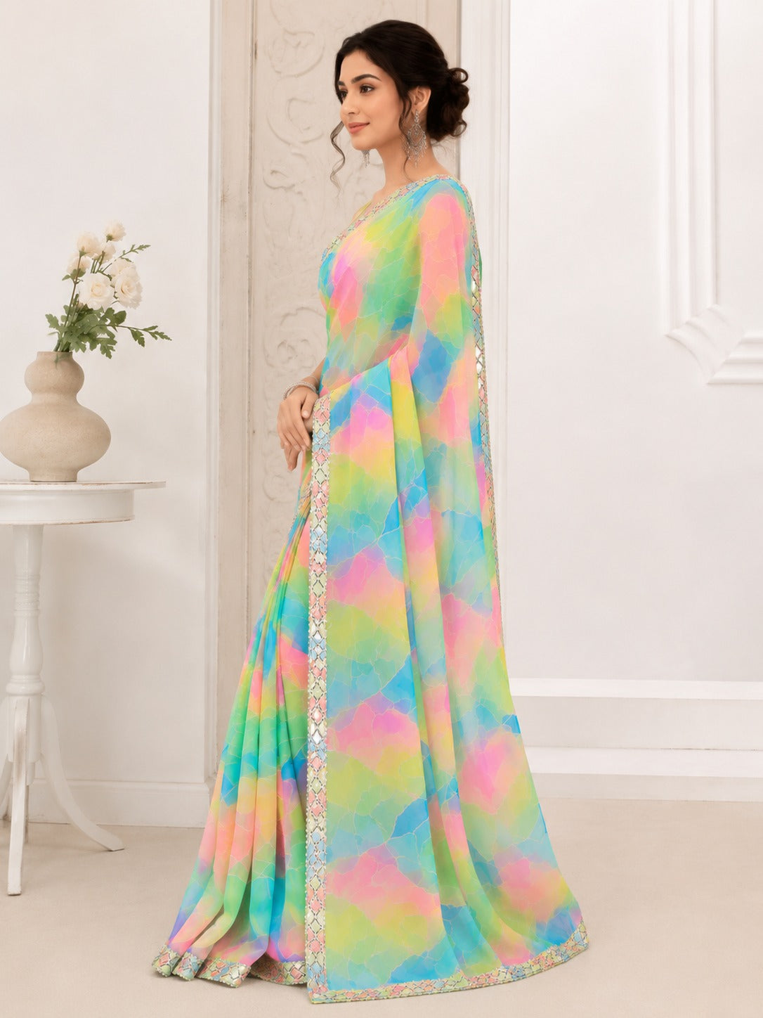Pastel Multicolor Abstract Printed Saree with Designer Lace Border