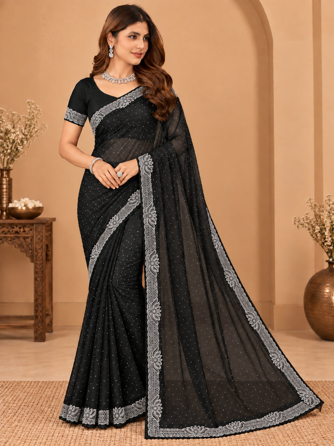 Women's Black Stone Work Saree with Floral Lace Border