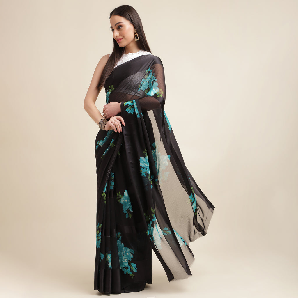 Green Floral Printed Georgette Saree With Sequin Border And Unstitched Blouse