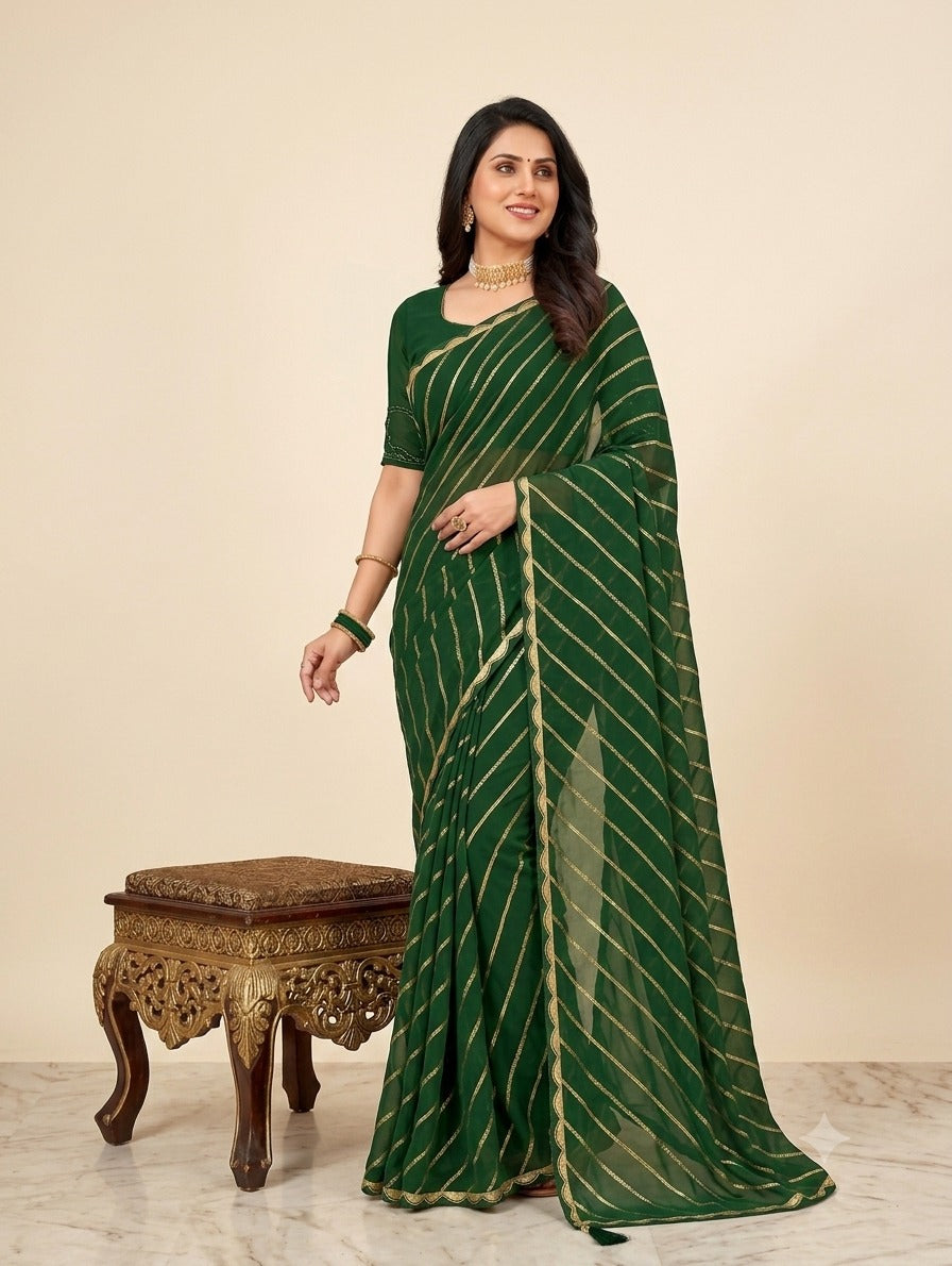 Green Saree with Golden Stripe Design