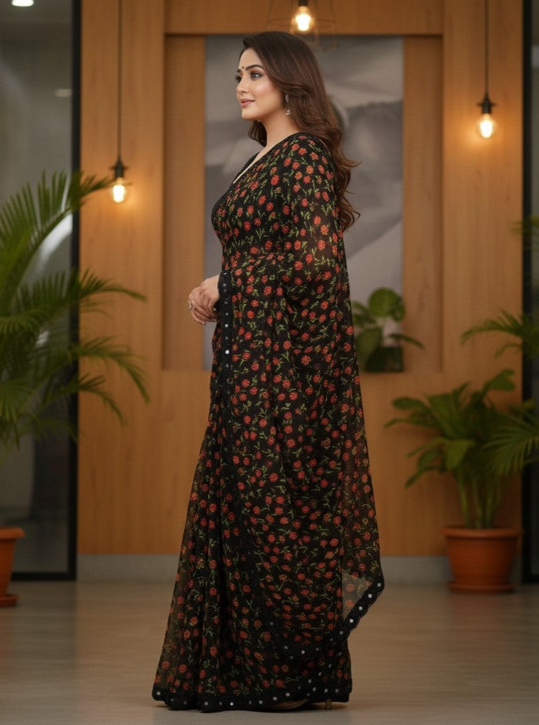 Black Floral Printed Saree with Sequin Border
