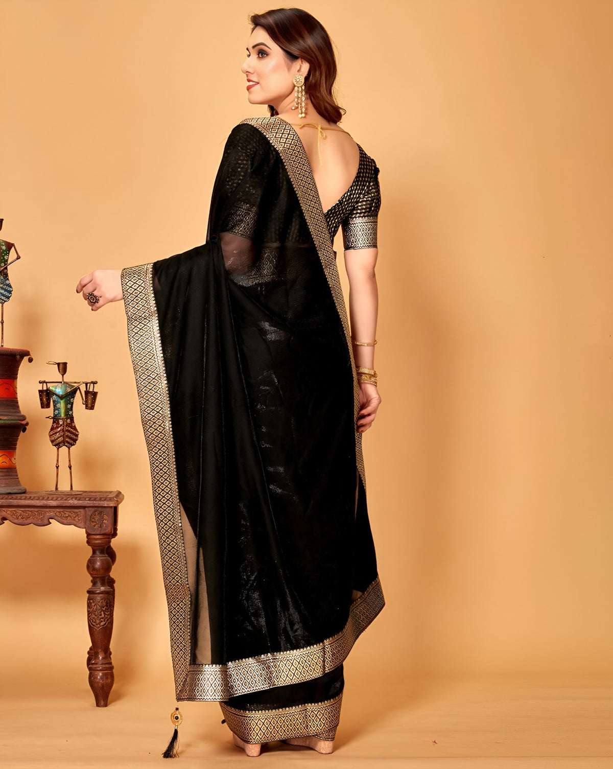 Black Shimmer Lycra Saree with Golden Woven Border