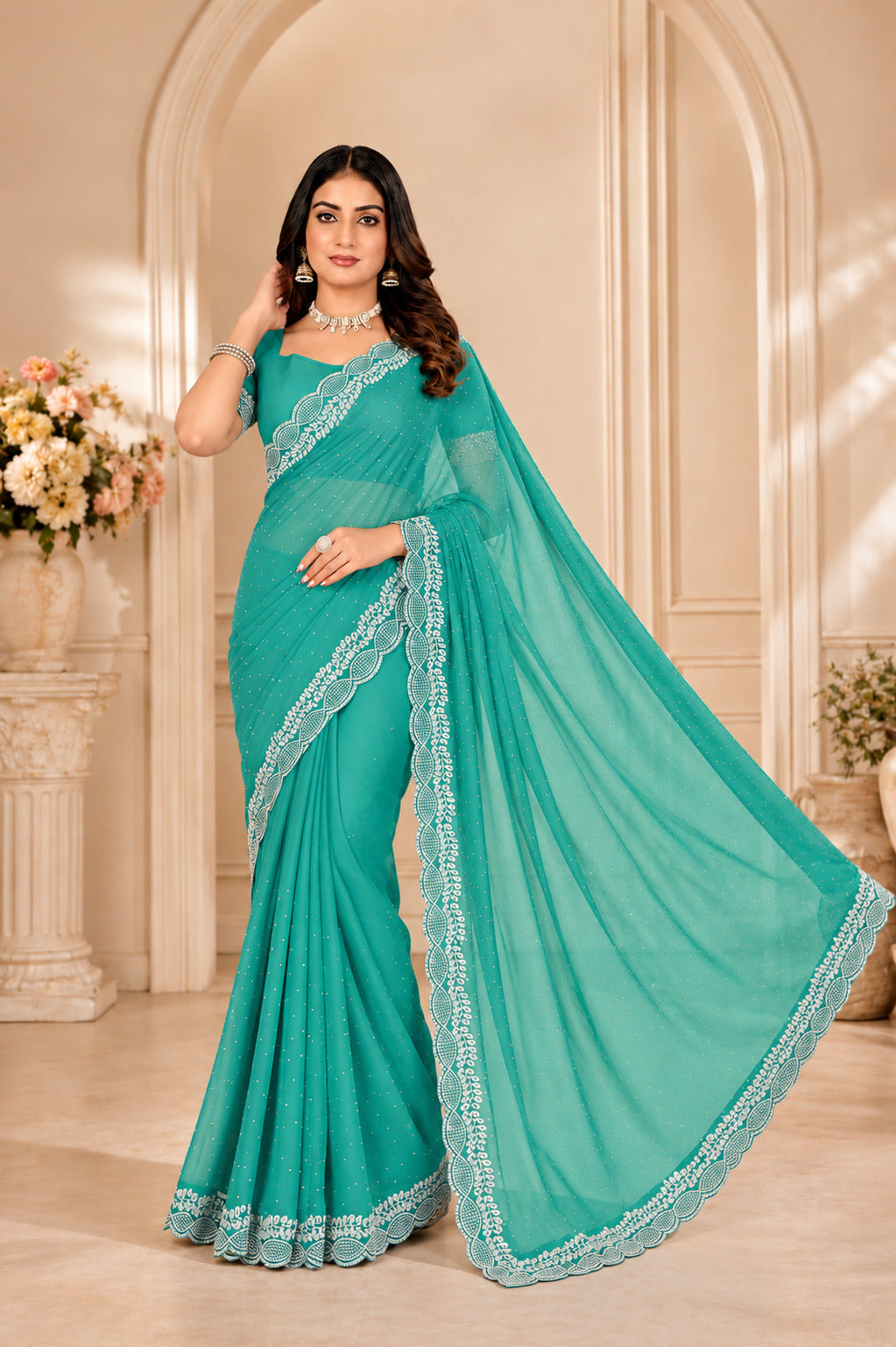 Sea Green Stone Work Georgette Saree with Embroidered Lace Border