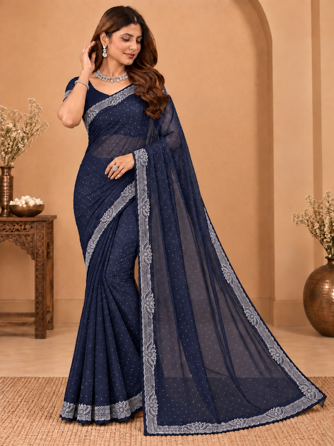 Women's Navy Blue Stone Work Saree with Floral Lace Border