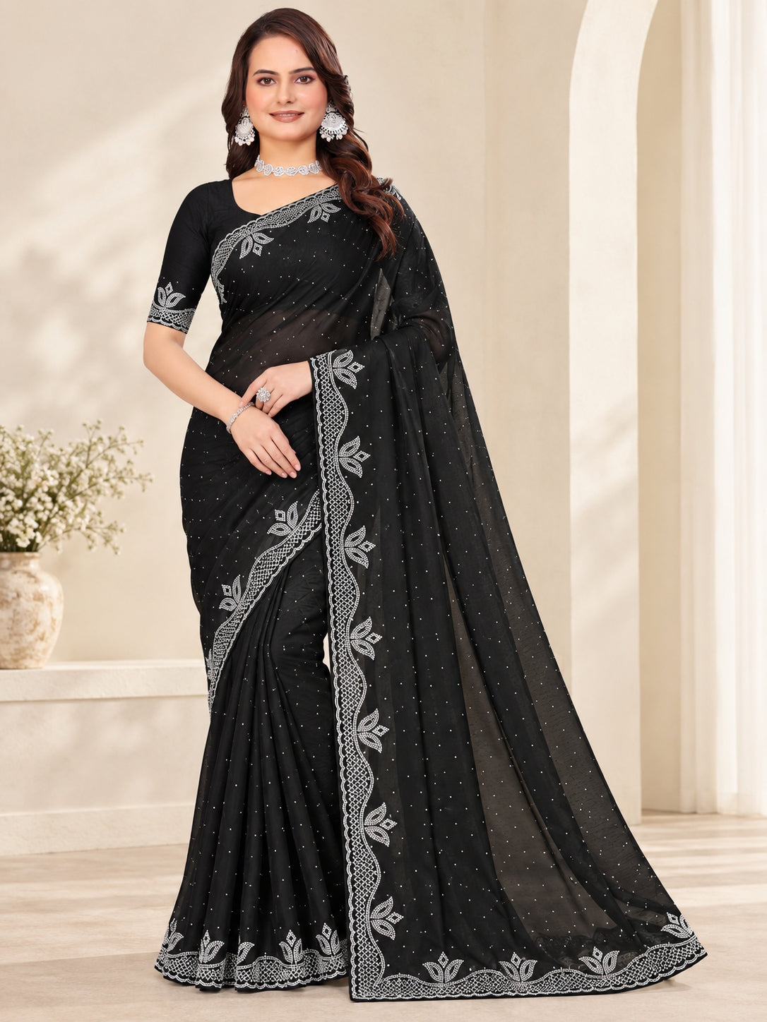 Black Georgette Saree with Embroidered Lace Border