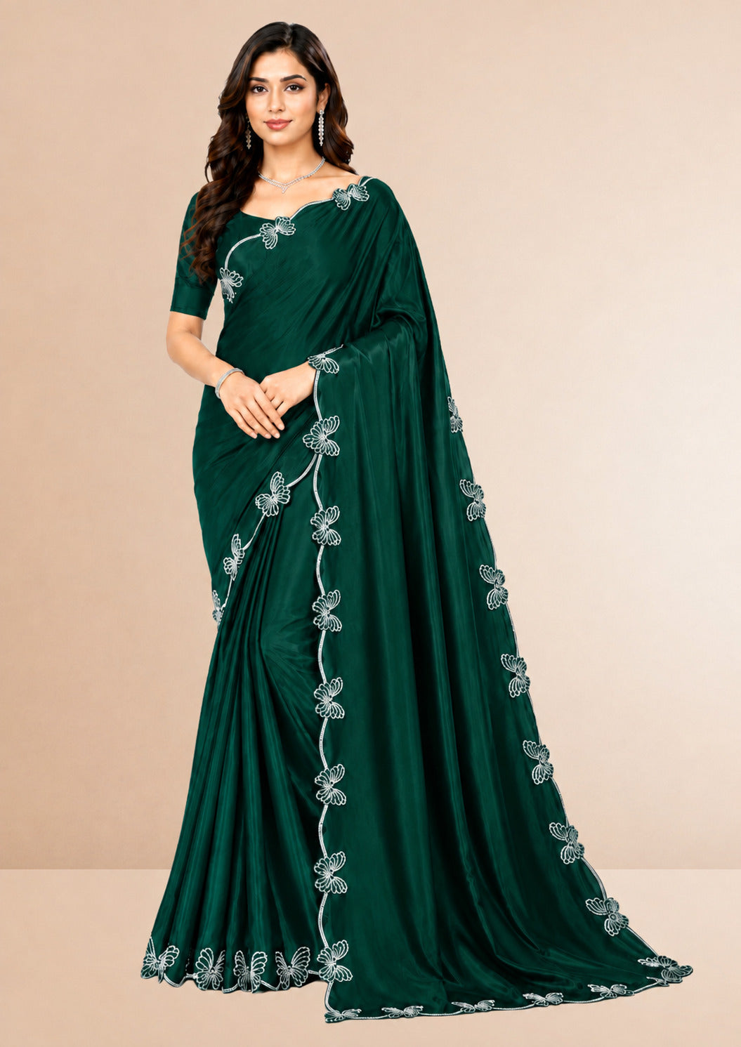 Green Butterfly Swarovski Stone Work Saree