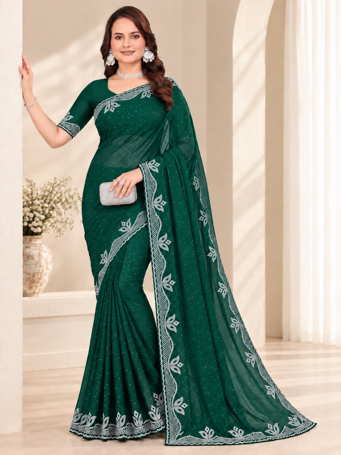 Green Stone Work Georgette Saree with Embroidered Lace Border