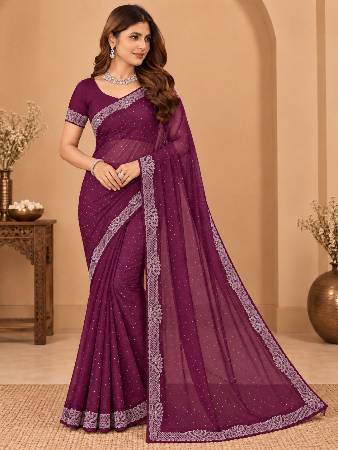 Women's Rich Wine Stone Work Saree with Floral Lace Border