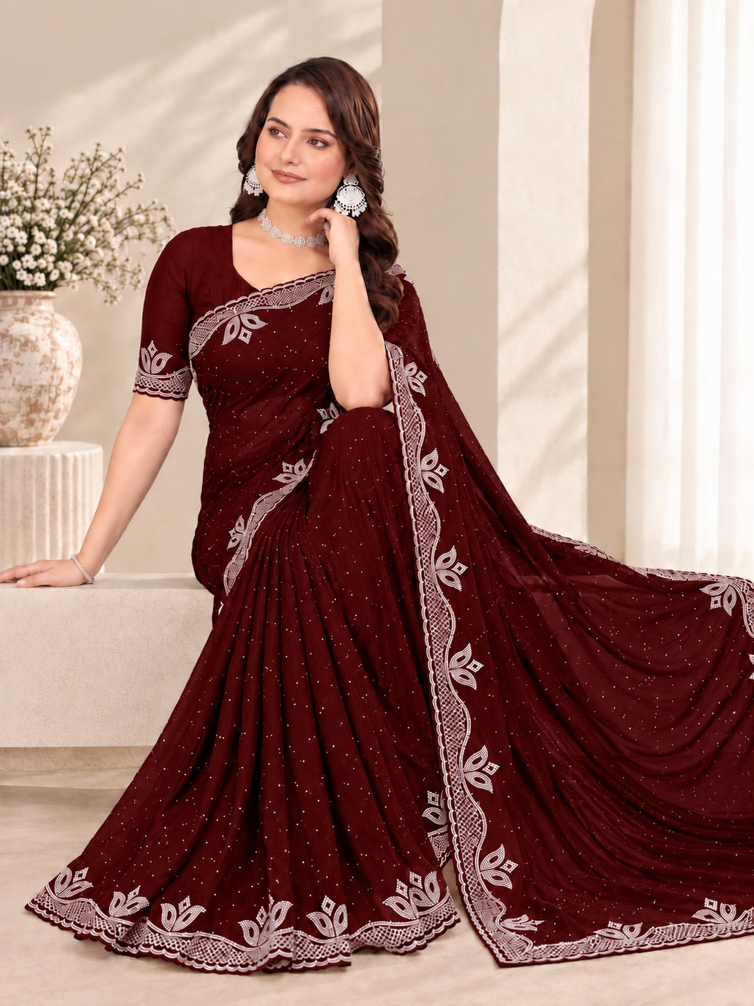 Maroon Stone Work Georgette Saree with Embroidered Lace Border