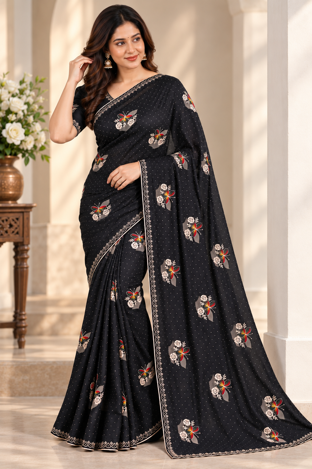 Designer Black Jimmy Choo Saree with Embroidered Floral Motifs and Stone Lace