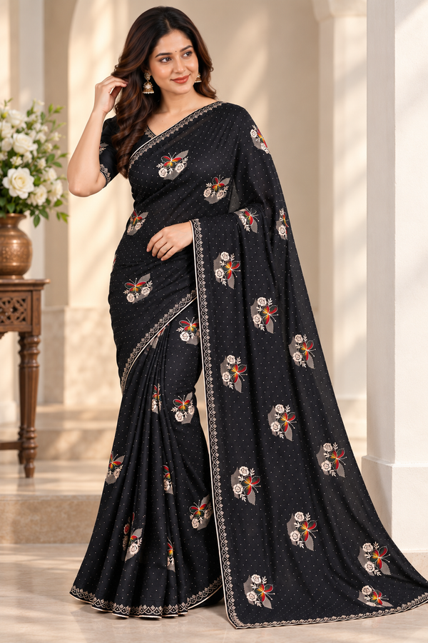 Designer Black Jimmy Choo Saree with Embroidered Floral Motifs and Stone Lace