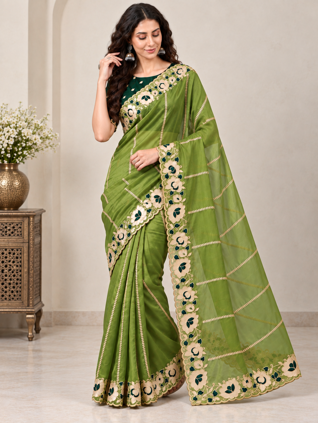 Zegoom Green Satin Silk Saree with Floral Embroidery & Scalloped Border