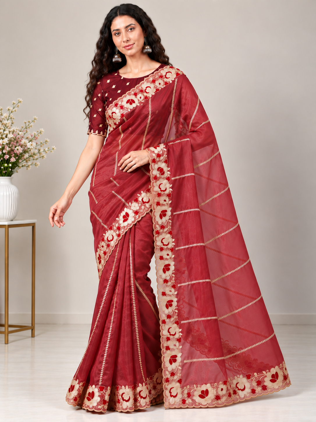 Zegoom Red Satin Silk Saree with Floral Embroidery & Scalloped Border