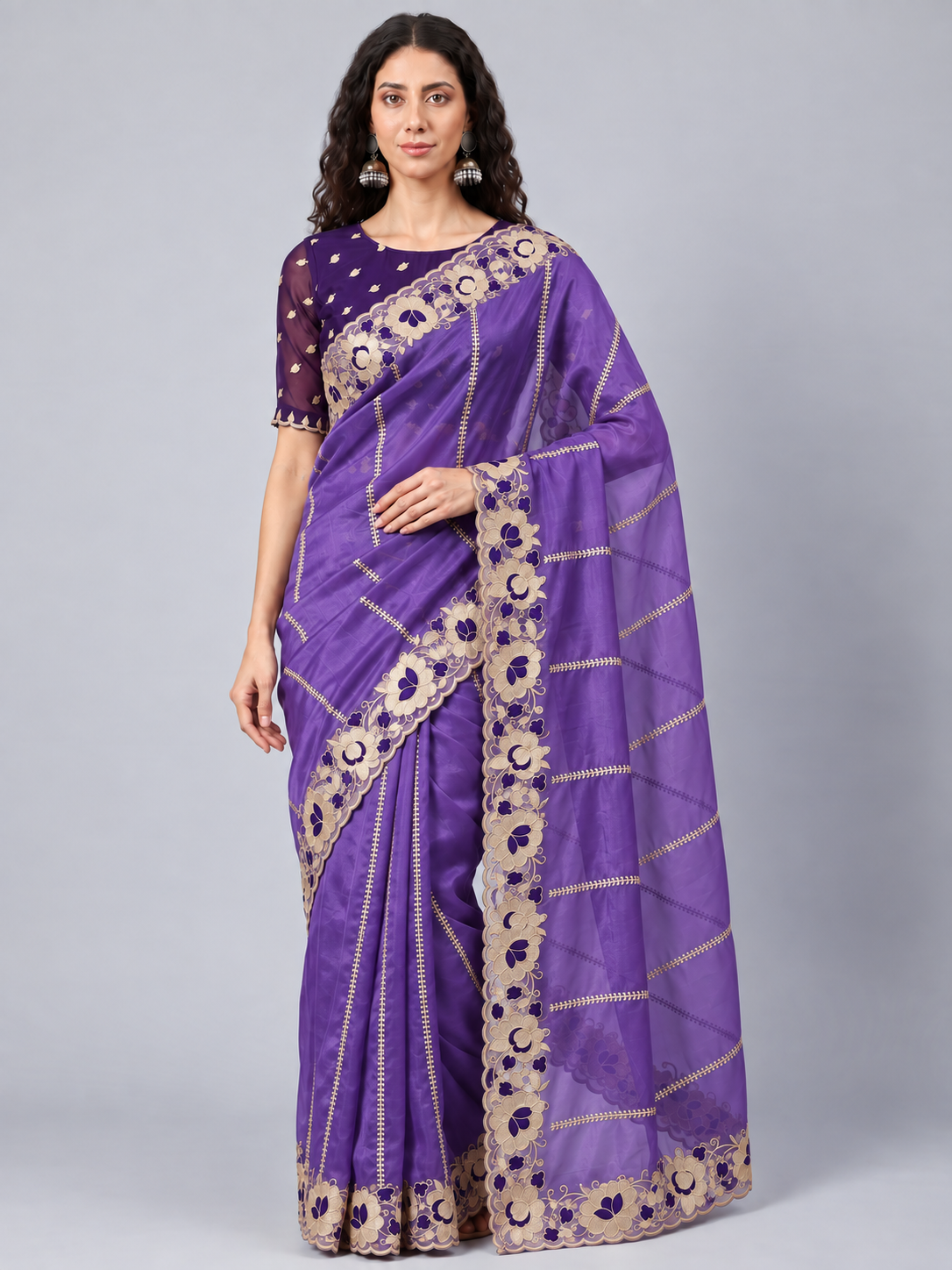 Zegoom Jambali Satin Silk Saree with Floral Embroidery & Scalloped Border