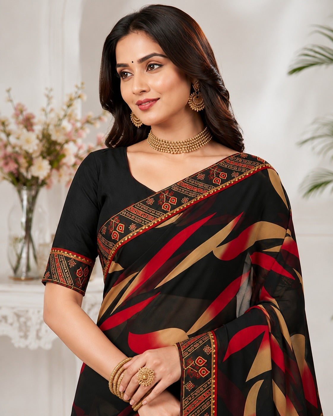 Black Floral Printed Saree with Ethnic Border Design