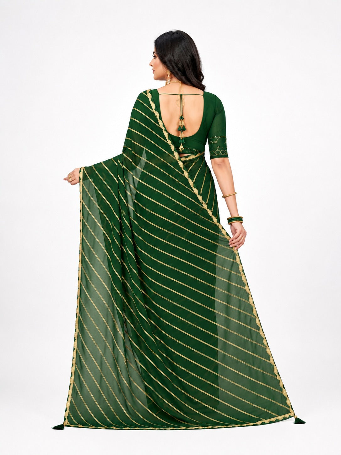 Green Saree with Golden Stripe Design