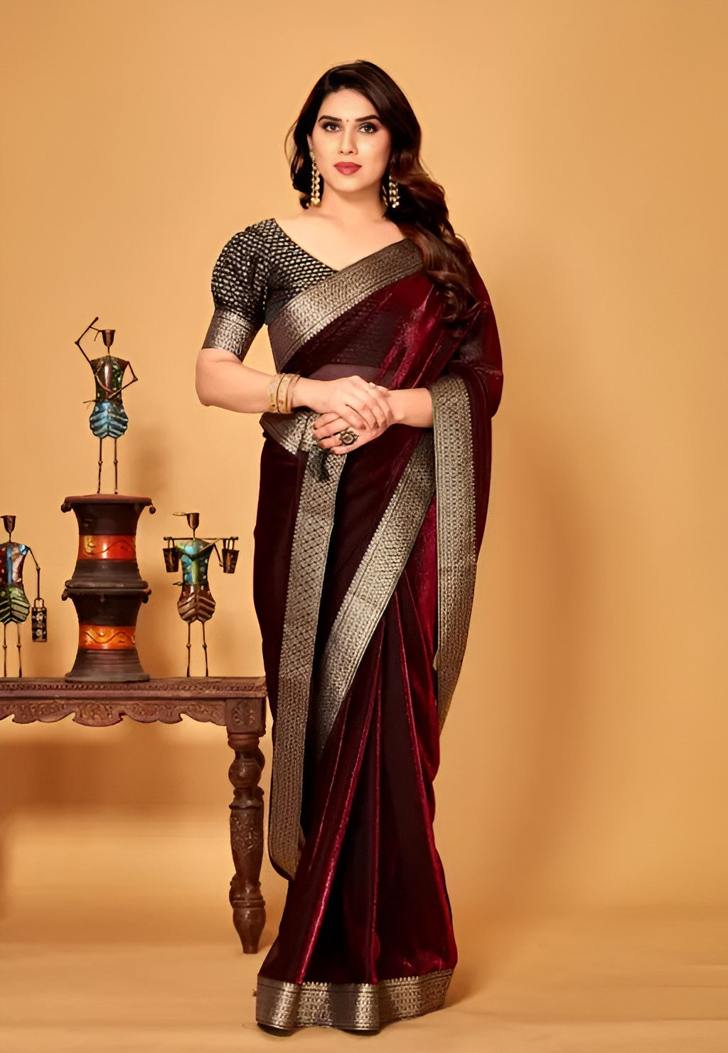 Maroon Shimmer Lycra Saree with Golden Woven Border