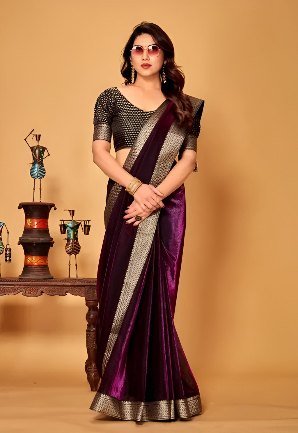 Wine Shimmer Lycra Saree with Golden Woven Border