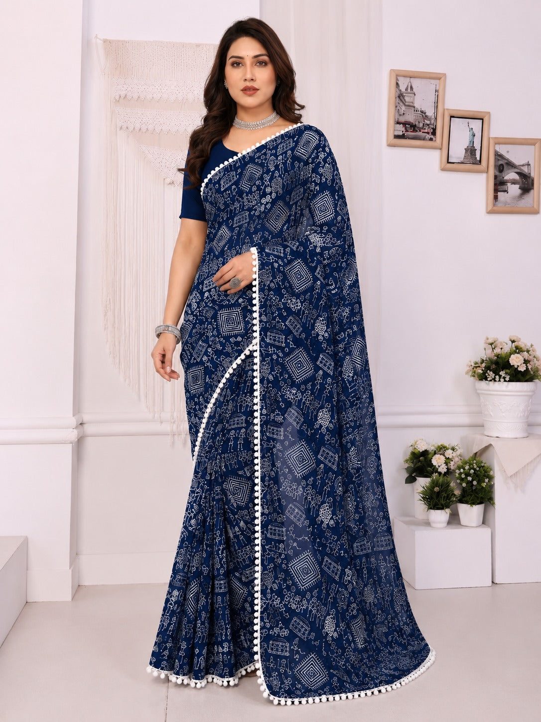 Navy Blue Tribal Print Saree with White Pom-Pom Lace Border
