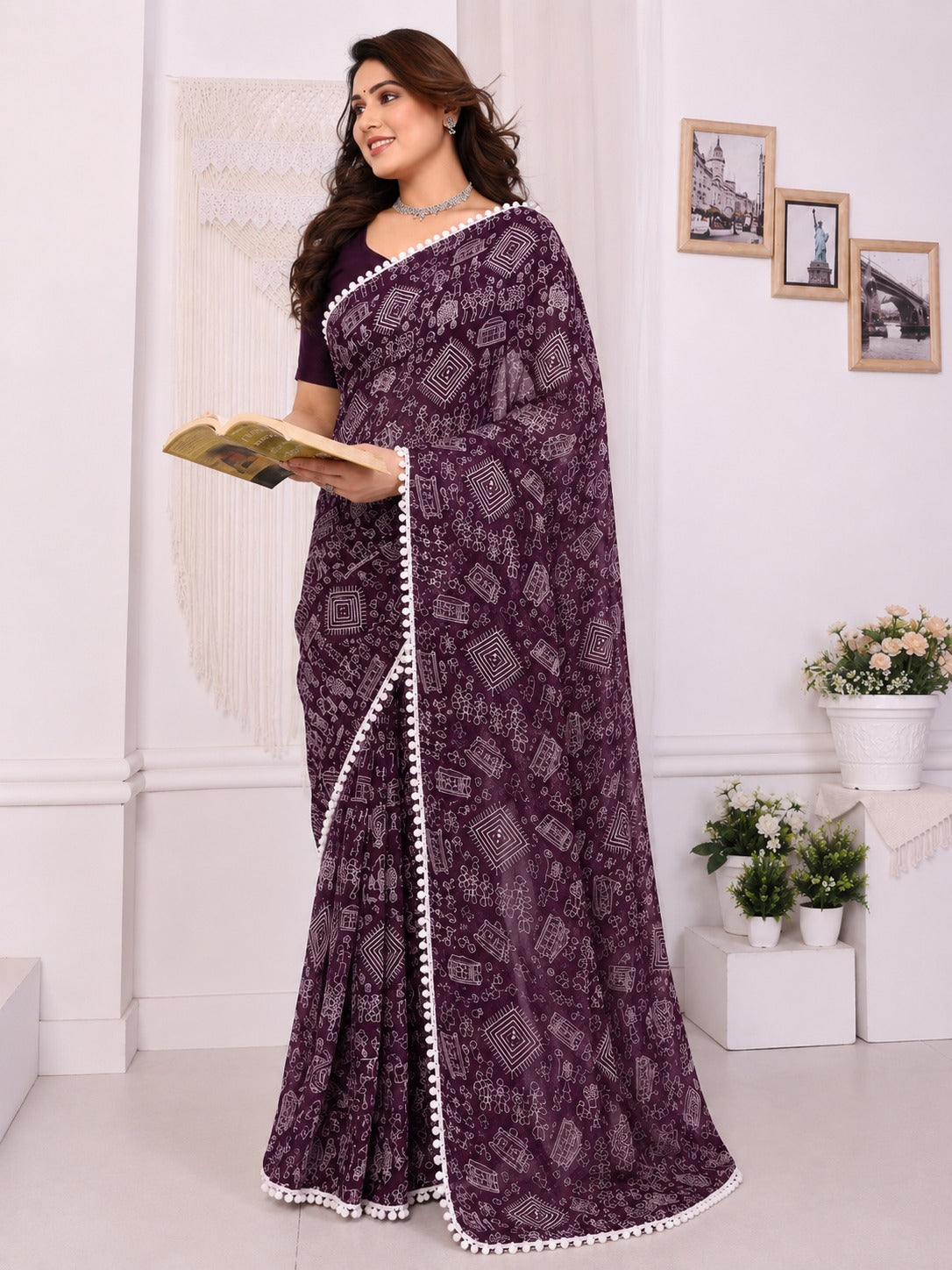 Purple Tribal Print Saree with White Pom-Pom Lace Border