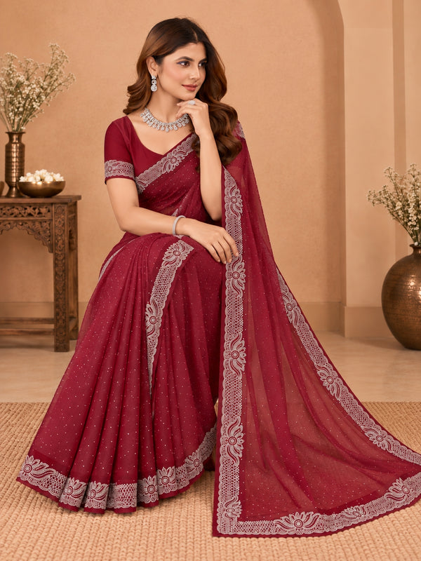 Women's Maroon Hotfix Stone Work Saree with Floral Lace Border
