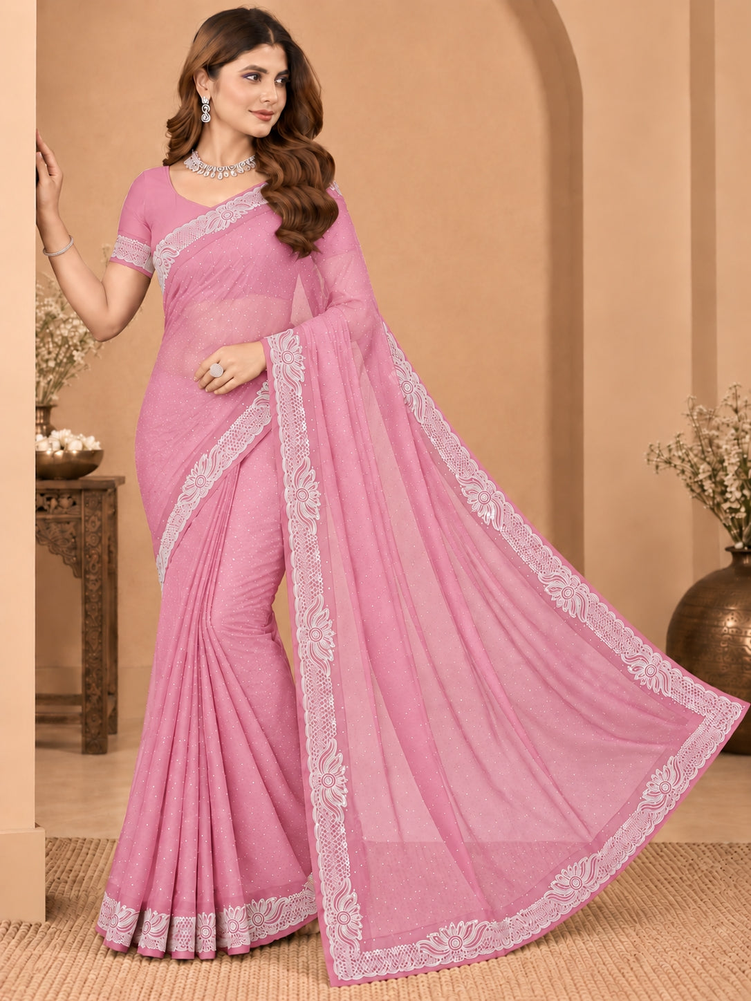 Women's  Baby Pink Stone Work Saree with Floral Lace Border