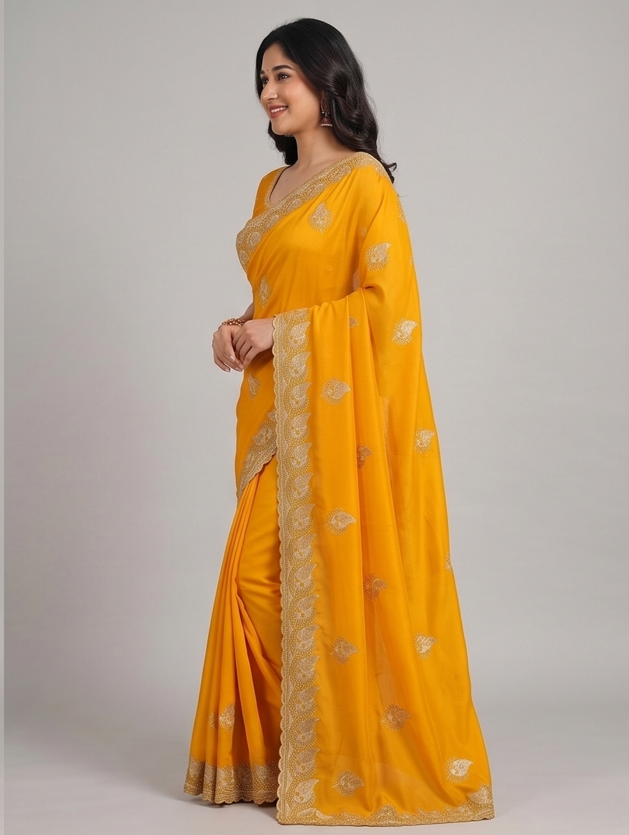 Zegoom Yellow Satin Silk Saree with Gold Paisley Embroidery