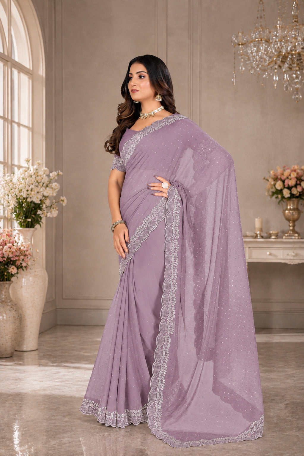 Levender Saree with Embellished Lace Border & Pearl-Like Detailing