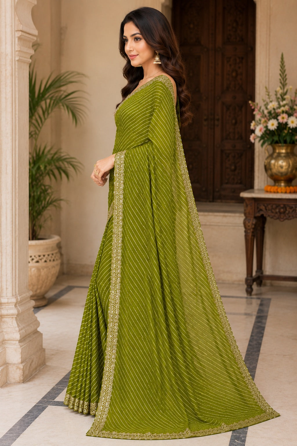 Olive Green Printed Saree with Designer Border | Elegant Traditional Saree for Women