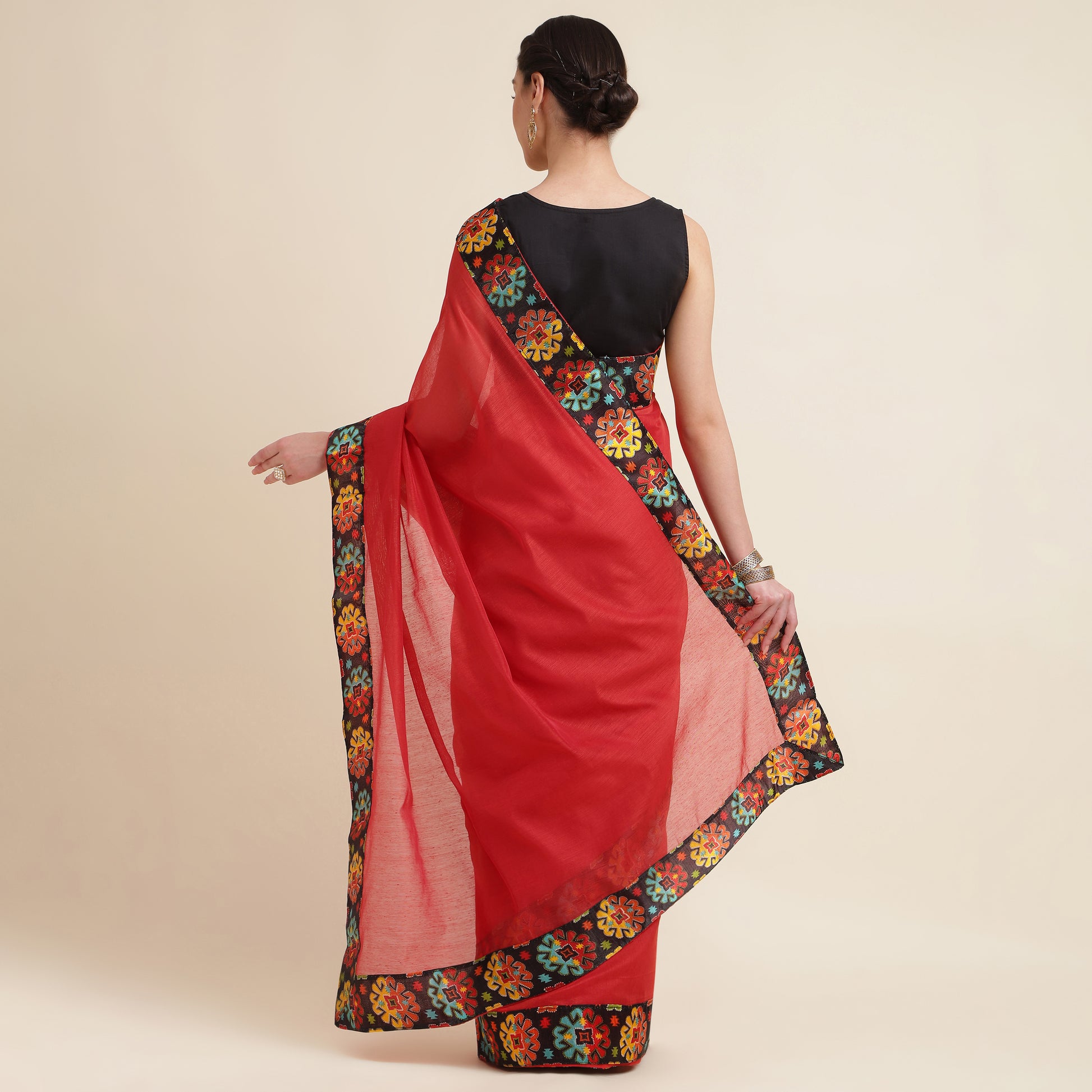 Chanderi Cottton Red Lace border Saree With blouse