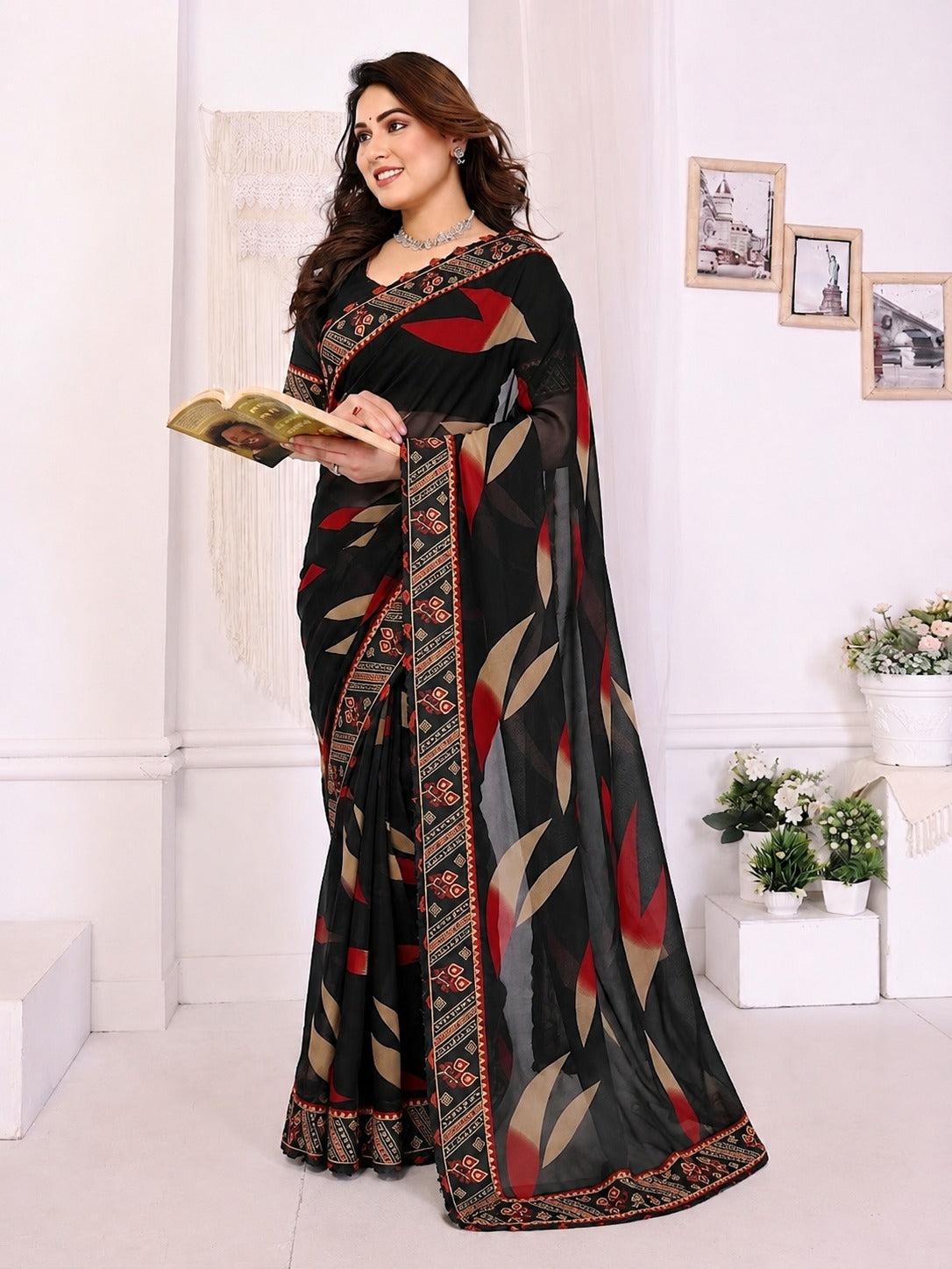 Black Floral Printed Saree with Ethnic Border Design
