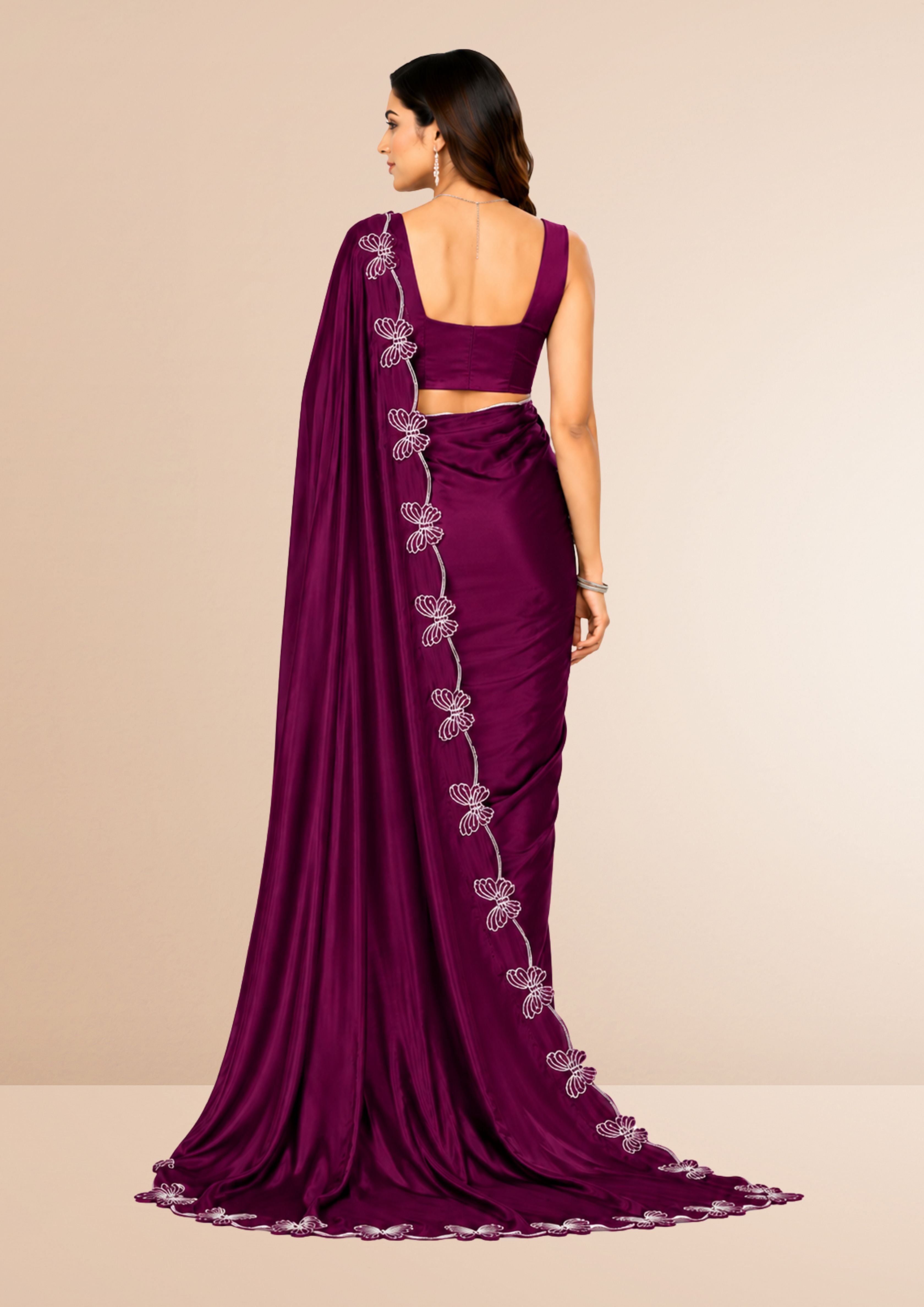 Wine Butterfly Swarovski Stone Work Saree