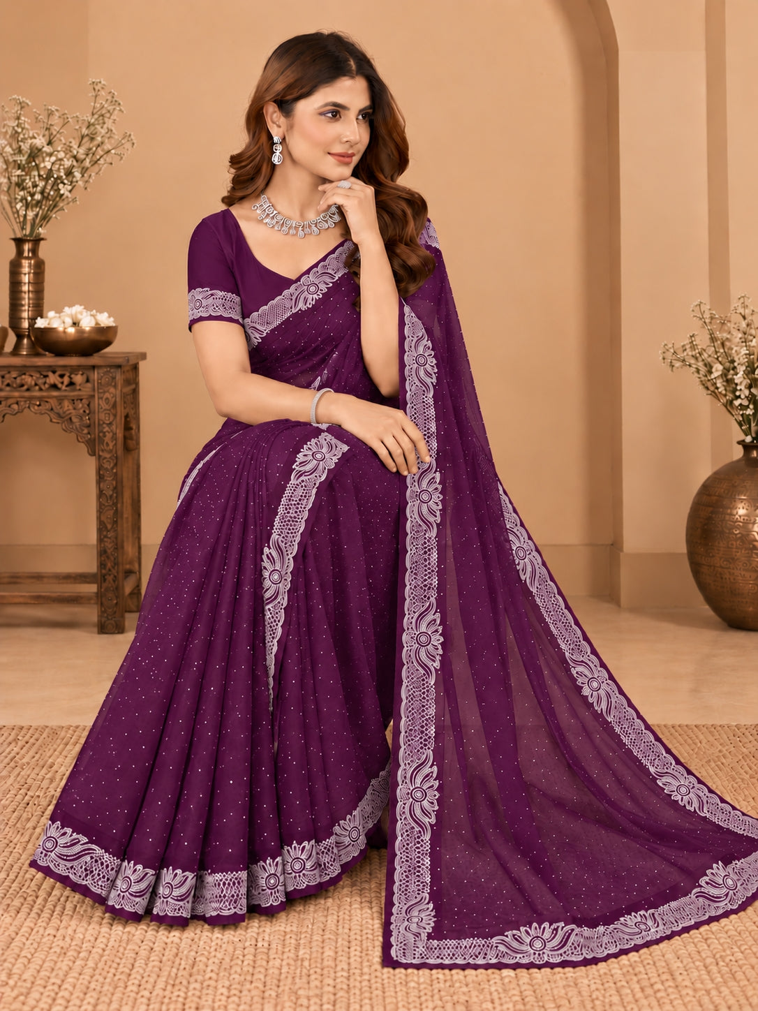 Women's Rich Wine Stone Work Saree with Floral Lace Border