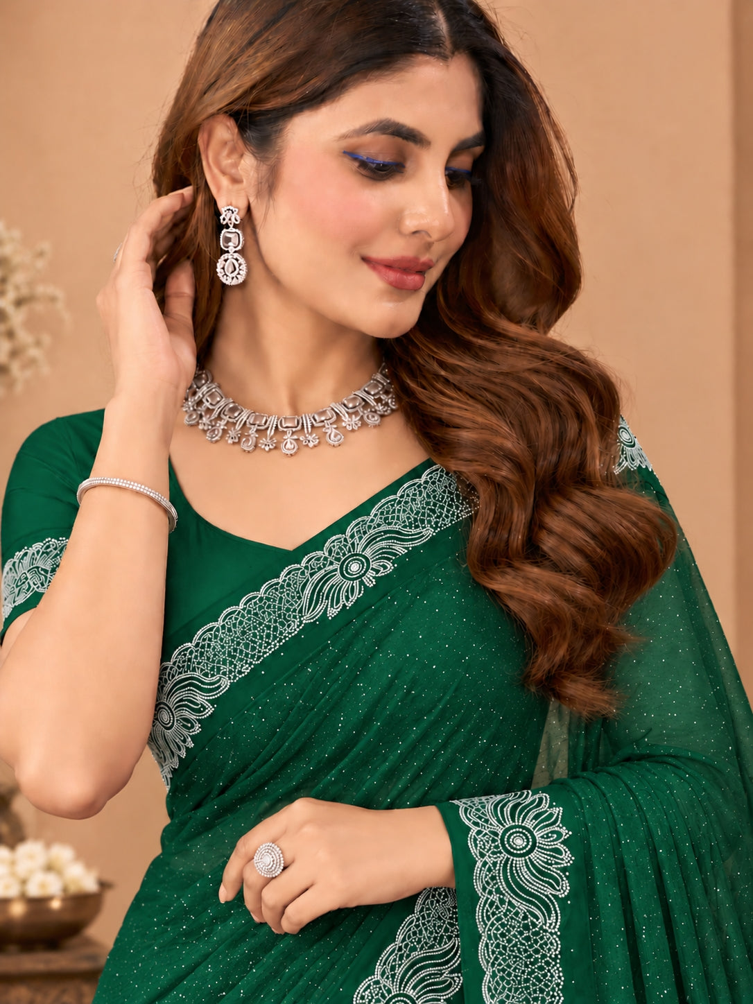 Women's Green Stone Work Saree with Floral Lace Border