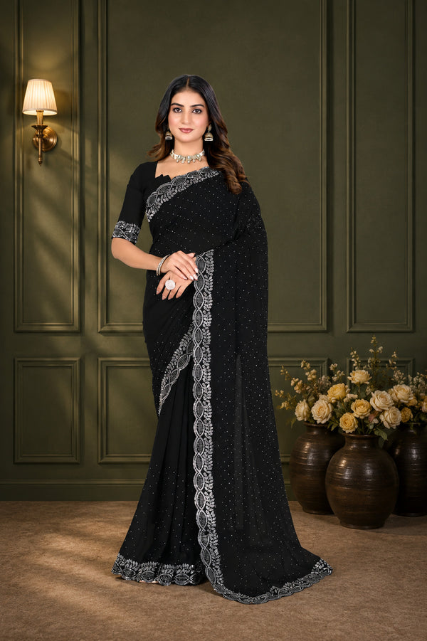 Black Hotfix Stone Work Saree with Designer Stone Border