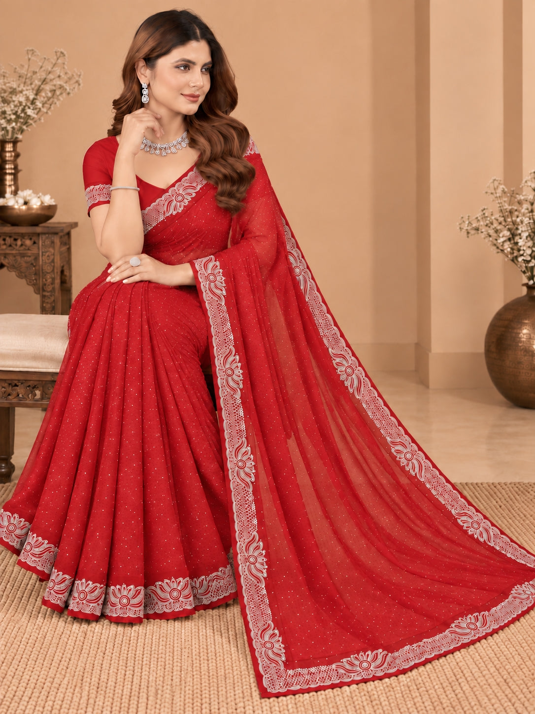 Women's Red Stone Work Saree with Floral Lace Border