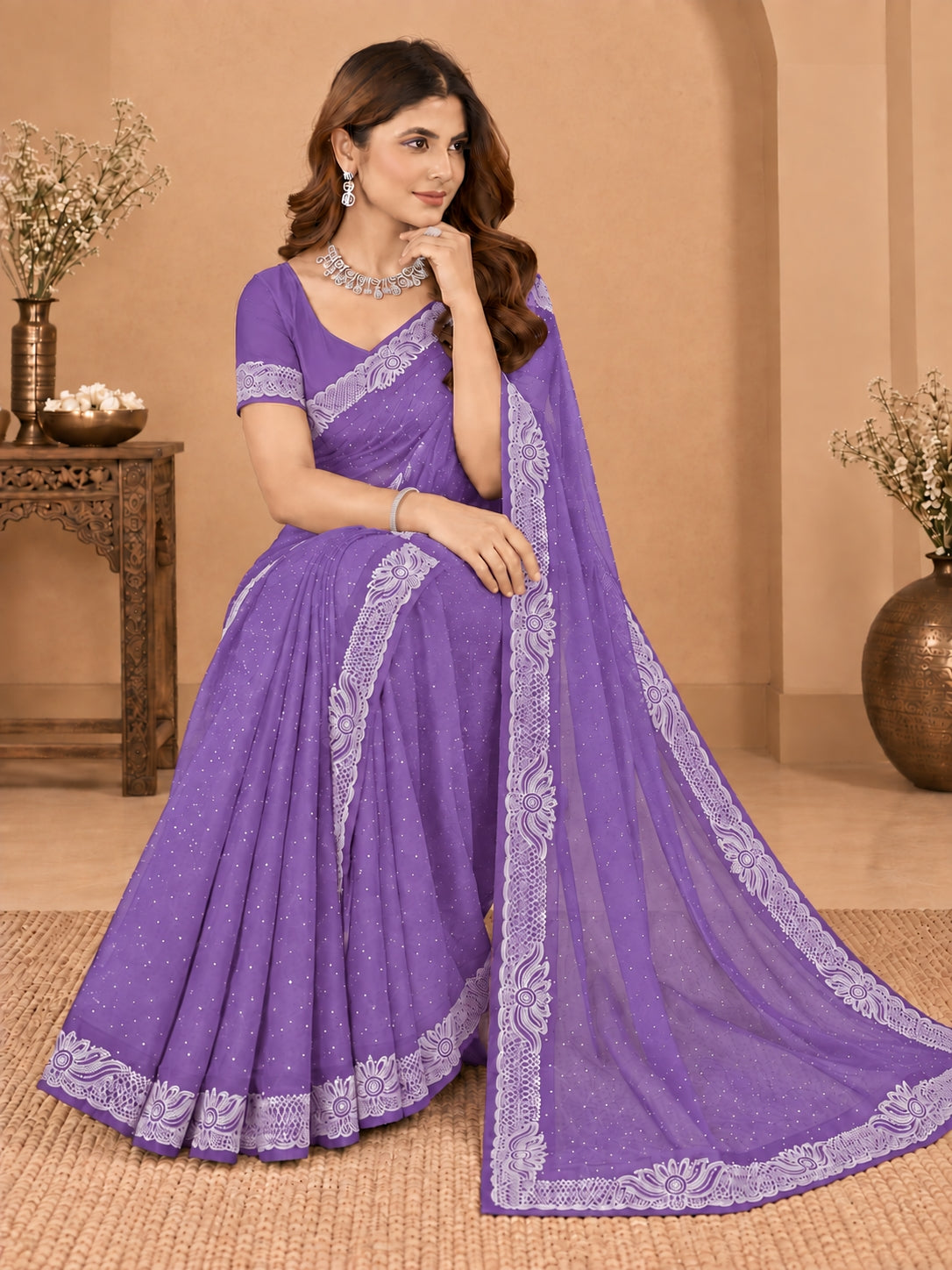 Women's Lavender Stone Work Saree with Floral Lace Border