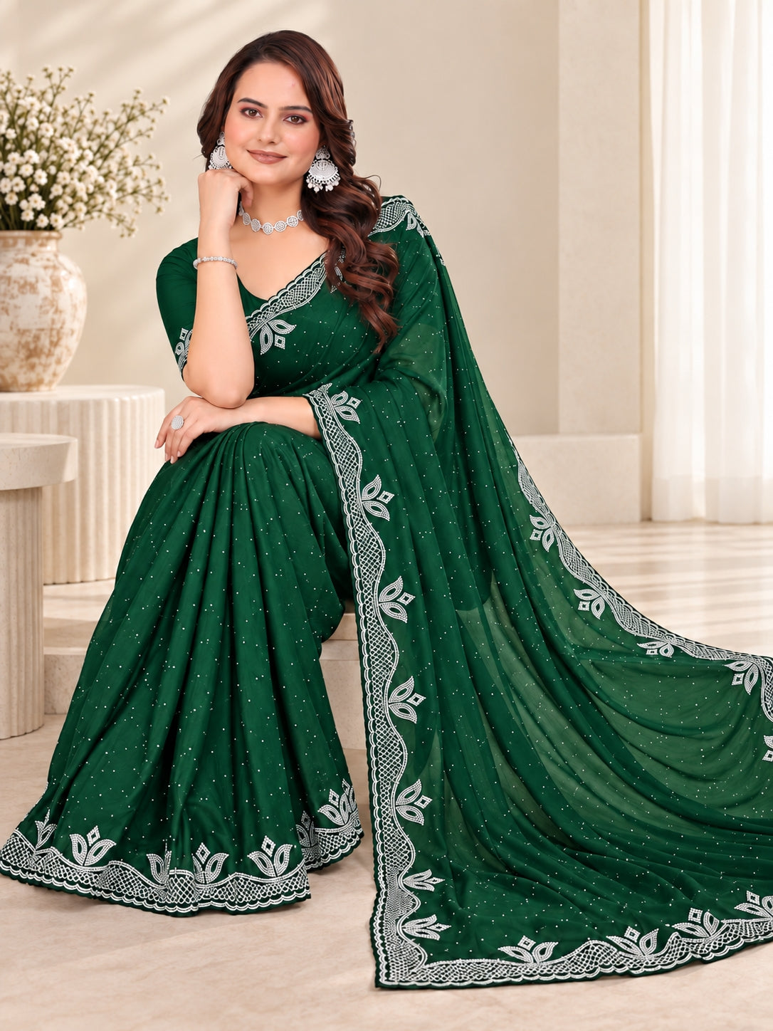 Green Stone Work Georgette Saree with Embroidered Lace Border