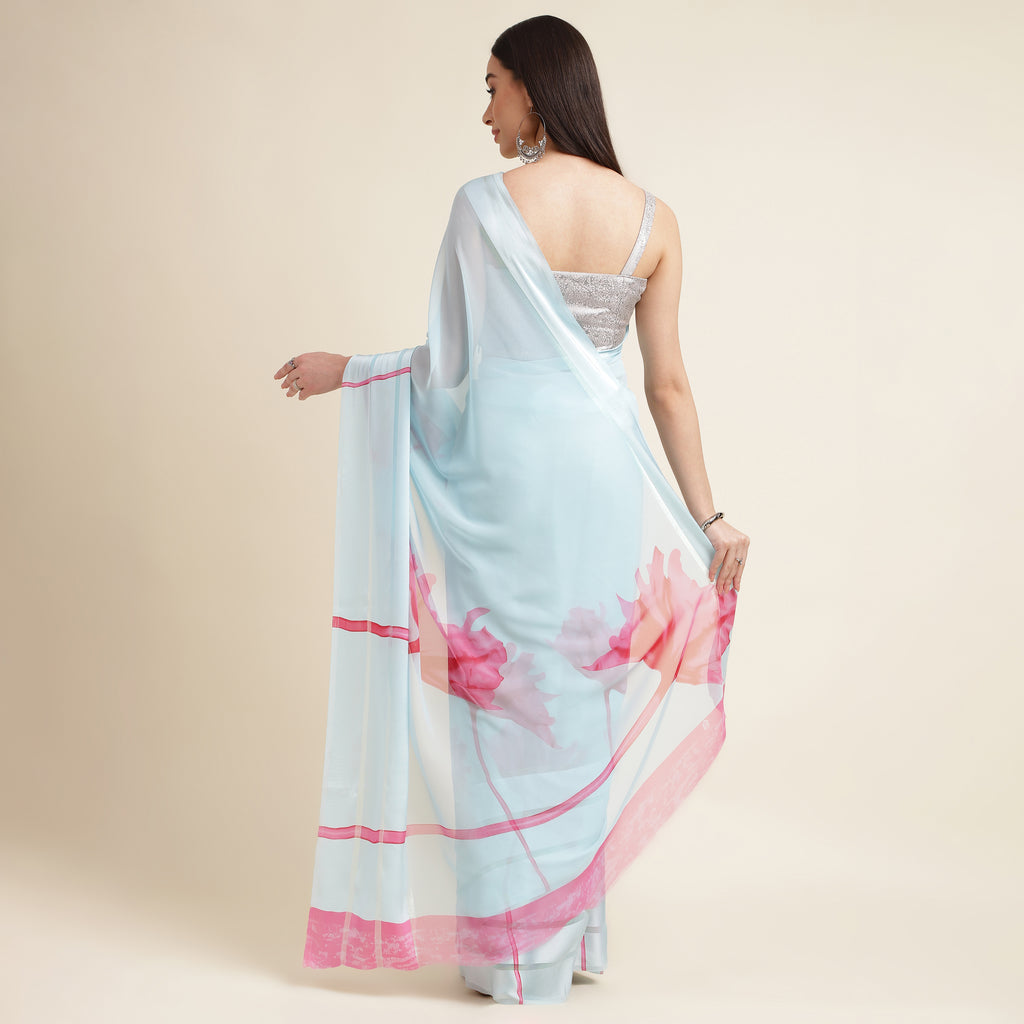 Magenta Pink Floral Printed Georgette Saree with Unstitched Blouse